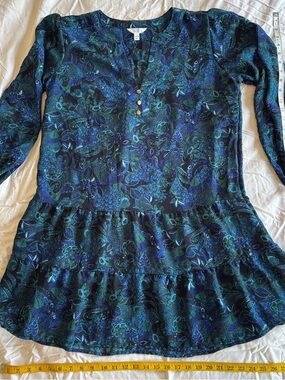 Time and Tru Navy and Teal Floral Long Sleeve Peplum Top